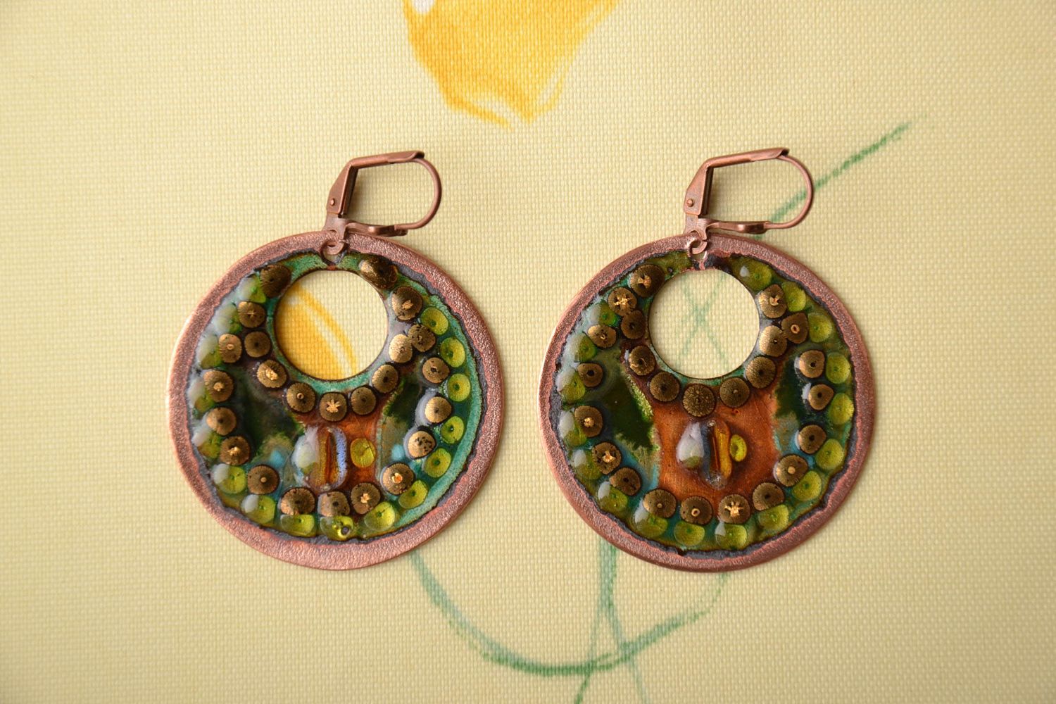 Handmade copper earrings with enamel photo 1