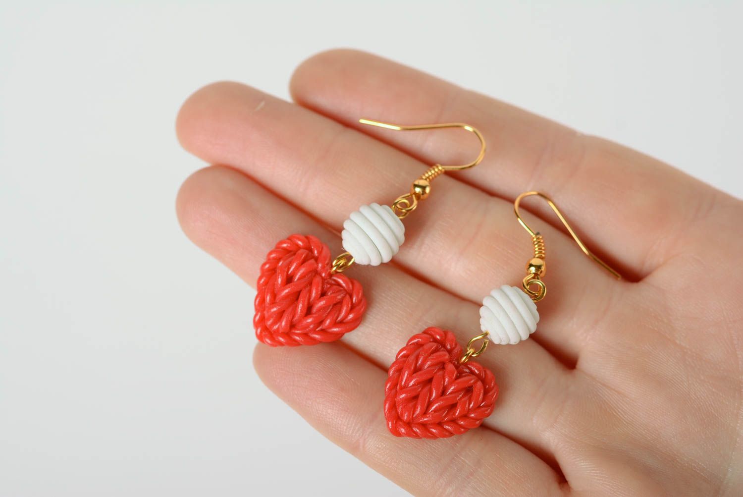 Polymer clay handmade earrings with knitted pattern Red Hearts stylish jewelry photo 3