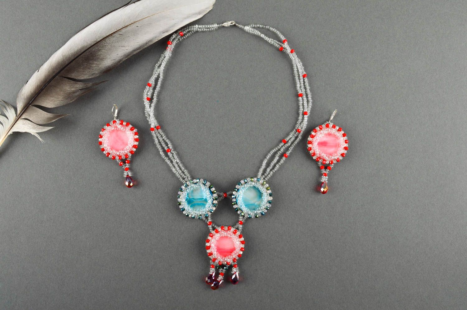 Elegant unusual necklace handmade stylish earrings beaded beautiful jewelry photo 1