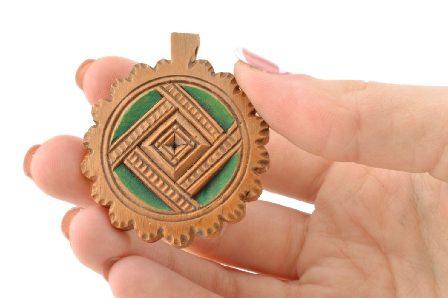 Ciondolo di legno fatto a mano pendente etnico amuleto da donna bello foto 2