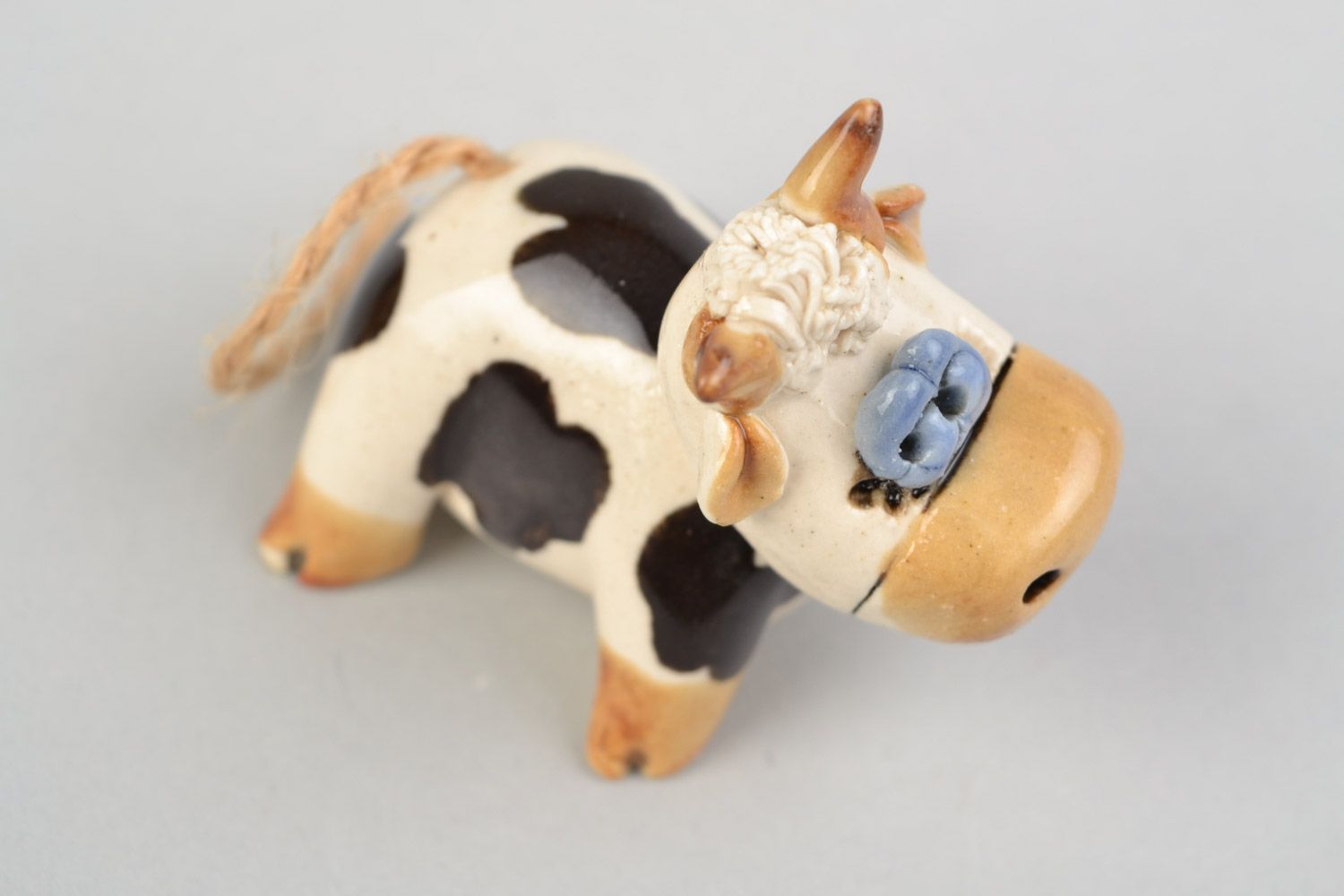 Funny handmade designer painted glazed clay figurine of cow for home decor photo 3
