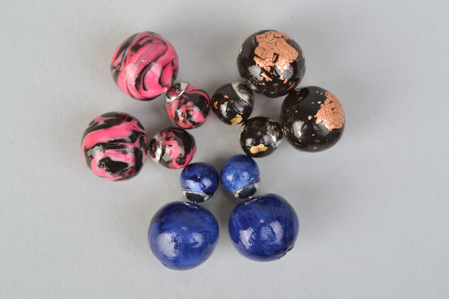 Handmade designer polymer clay stud earrings set of 3 pairs of different colors photo 3