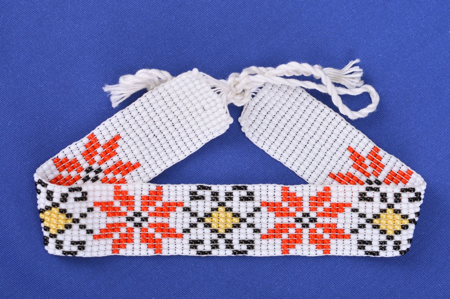 Beautiful women's handmade woven wide bead bracelet with ethnic ornament photo 5