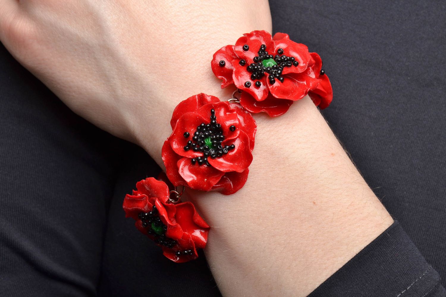 Polymer clay bracelet with poppies photo 1