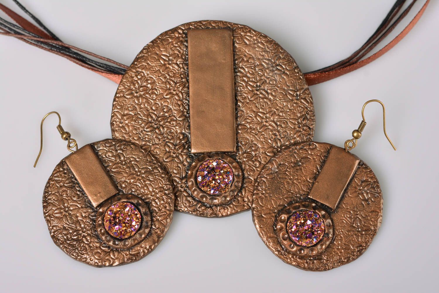 Handmade polymer clay jewelry set of bronze color earrings and pendant on ribbon photo 2