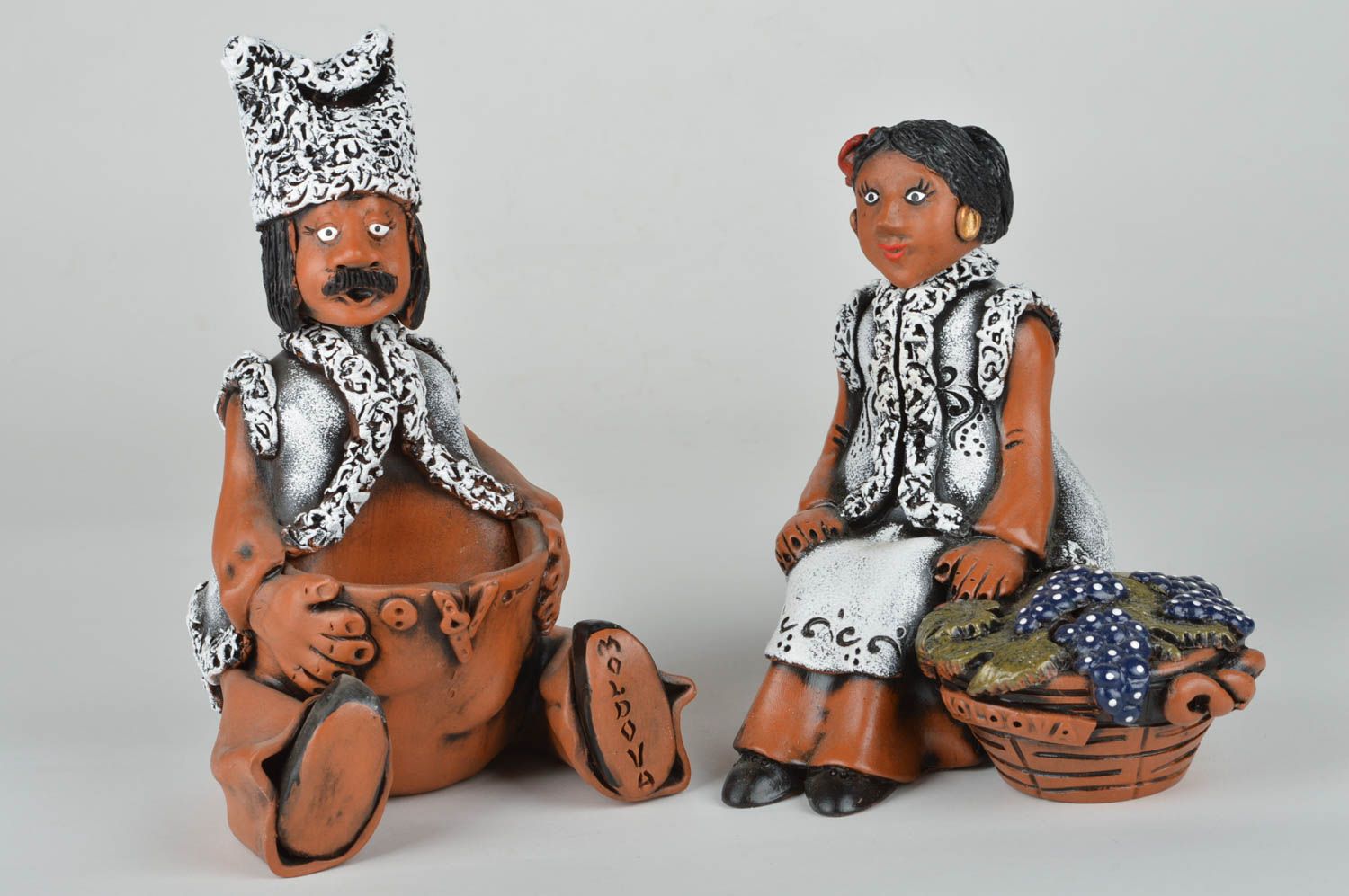 Set of handmade designer statuettes molded of red clay Man and Woman photo 2