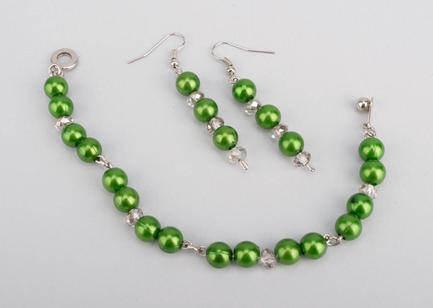 Украшения ручной работы модный браслет серьги из бусин зеленые набор бижутерии фото 3