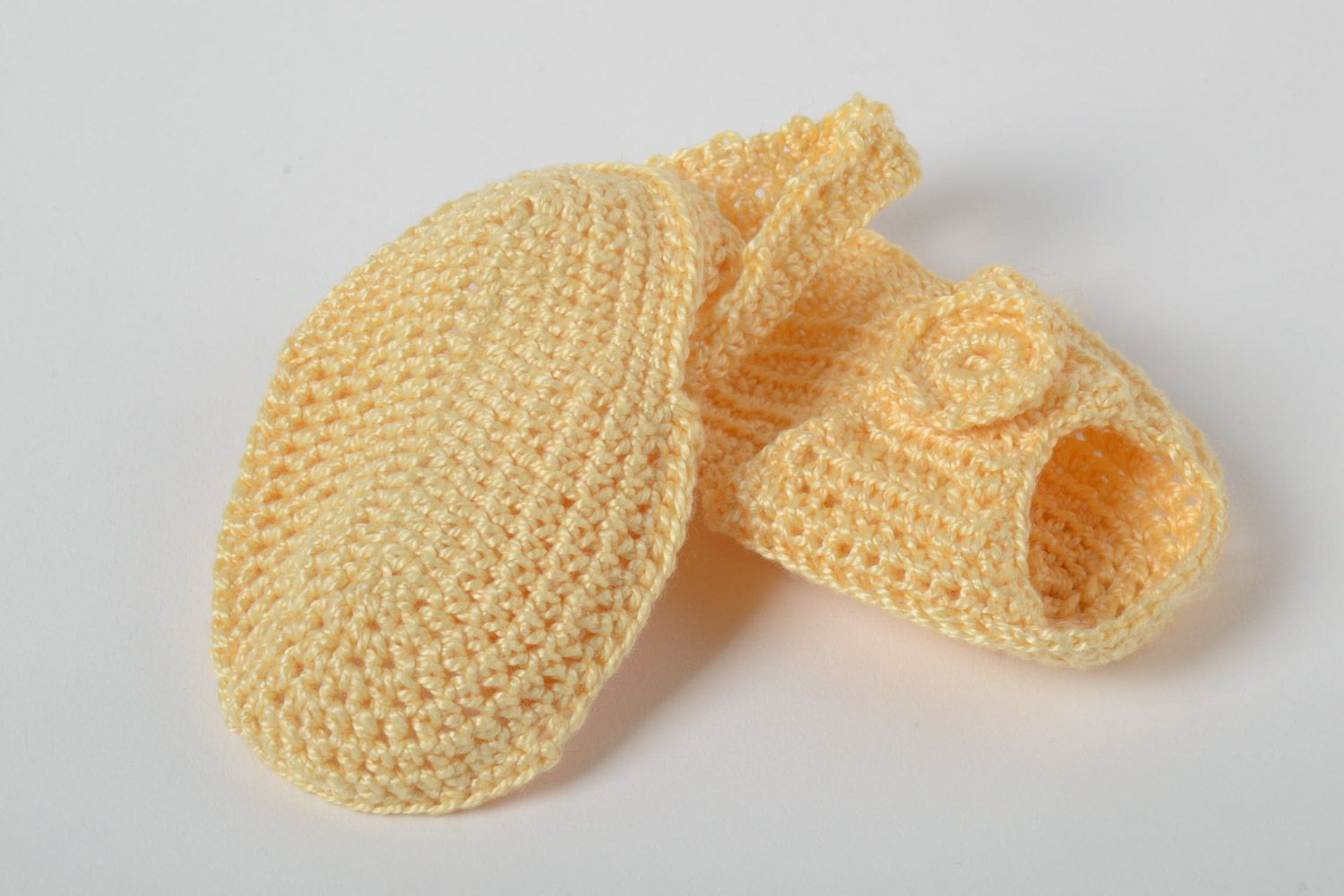 Handmade baby sandals crocheted of cotton threads of yellow color for little girl photo 4