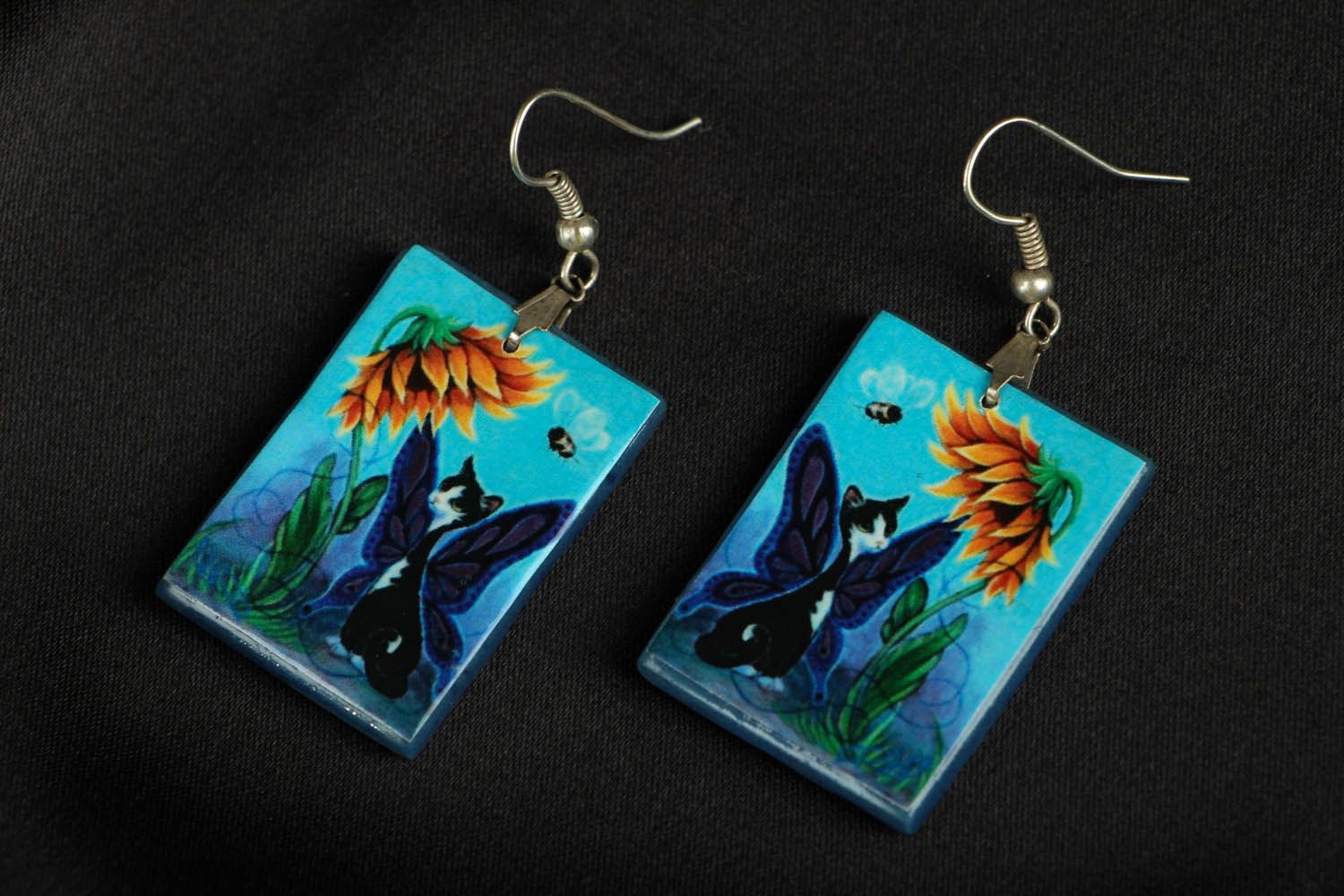 Blue dangle earrings with kittens photo 1
