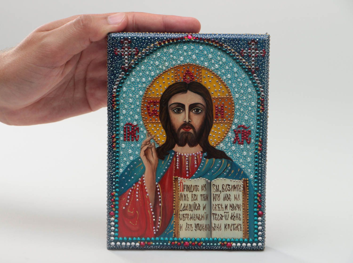 Handmade beautiful icon painted with gouache on wooden basis with rhinestones photo 5