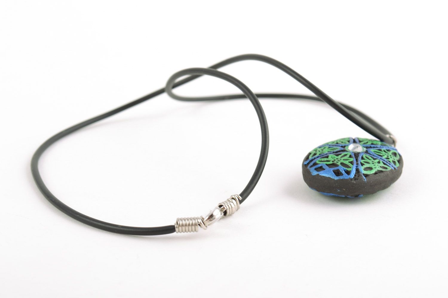 Handmade clay neck pendant on cord with painting and strass photo 3
