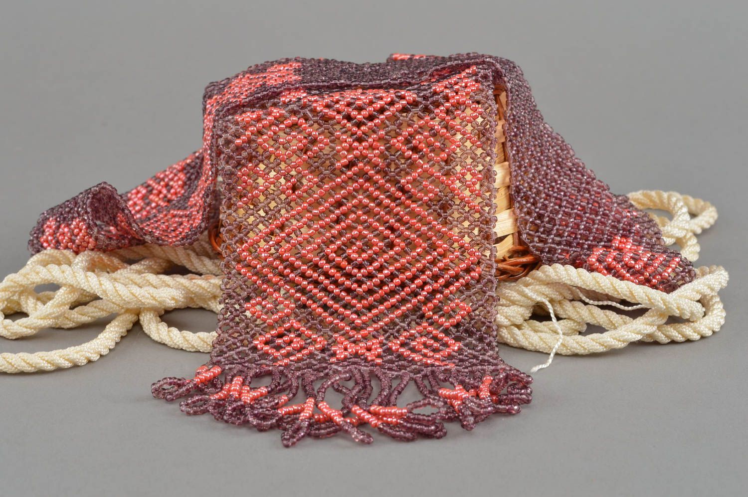 Collier en perles de rocaille mauve rose ethnique large long frange fait main photo 1