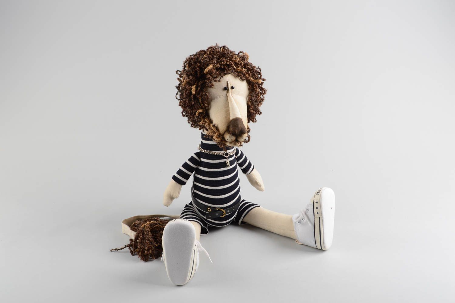 Handmade designer interior cloth soft toy lion in striped overall and white vans photo 4