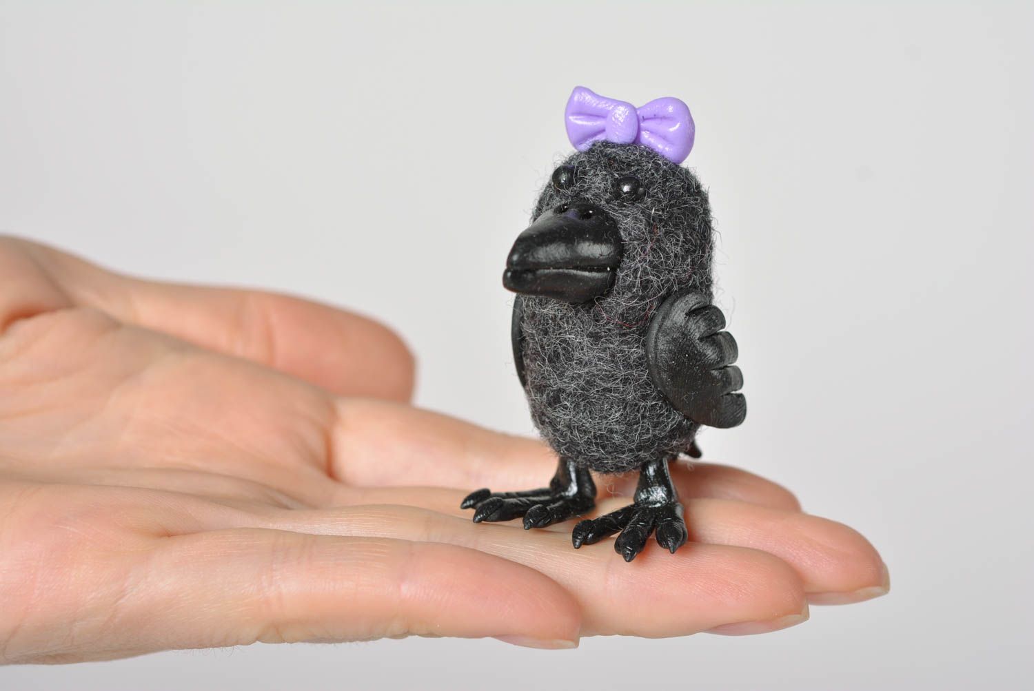 Unusual woolen crow handmade designer figurine interior decoration ideas photo 3