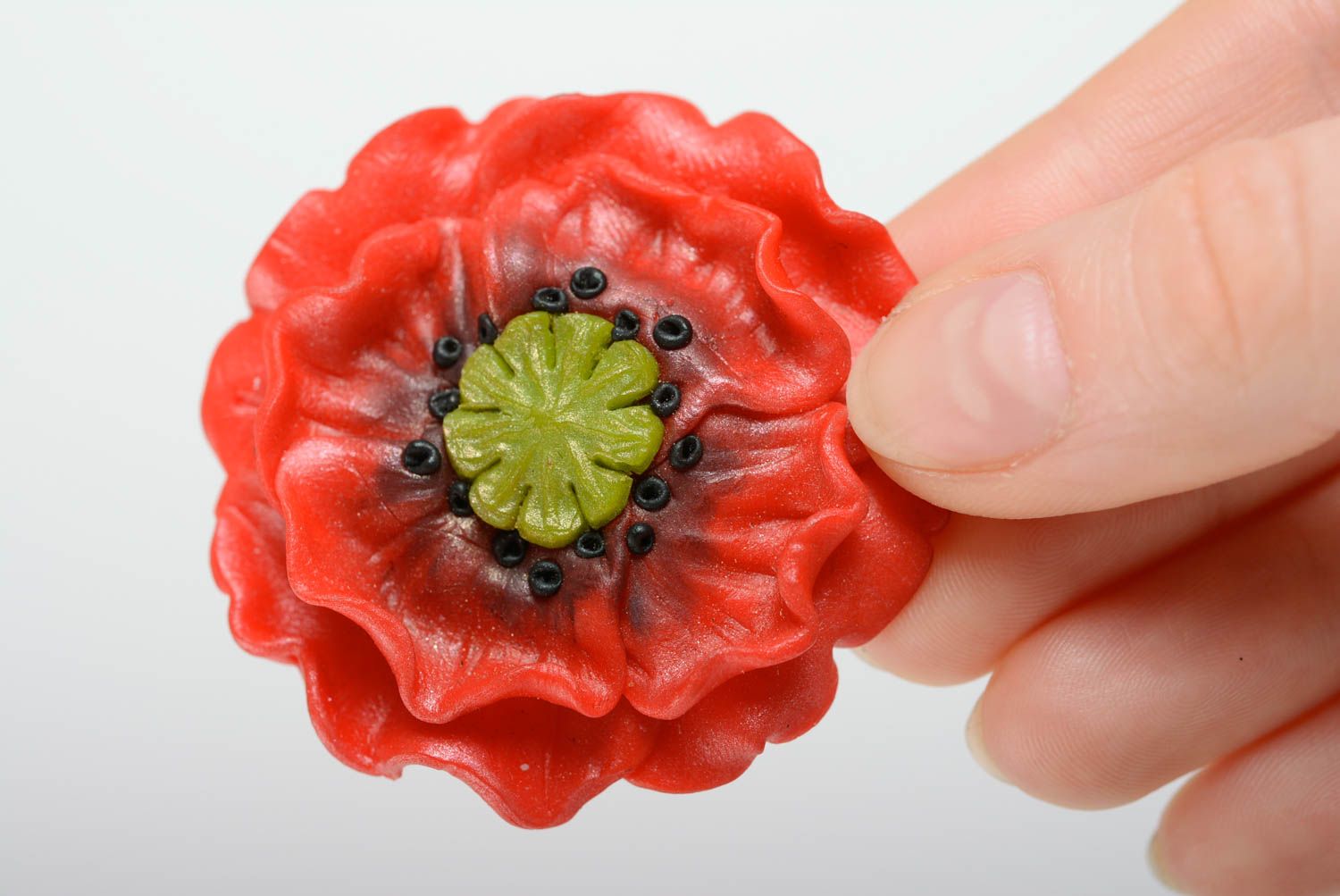 Handmade brooch made of polymer clay beautiful red poppy designer accessory photo 5