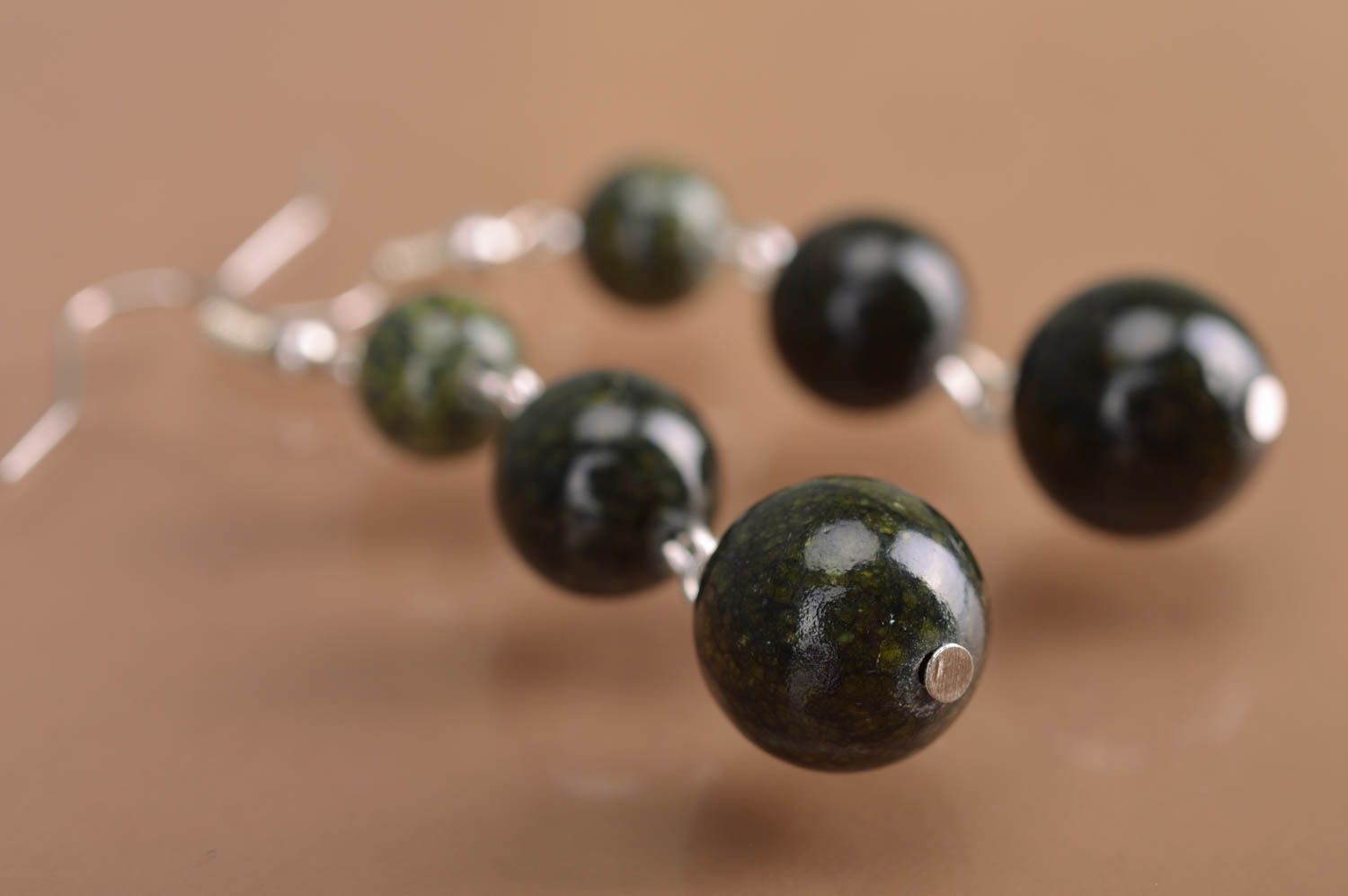 Handmade designer long dangle earrings with dark green glass beads for women photo 4