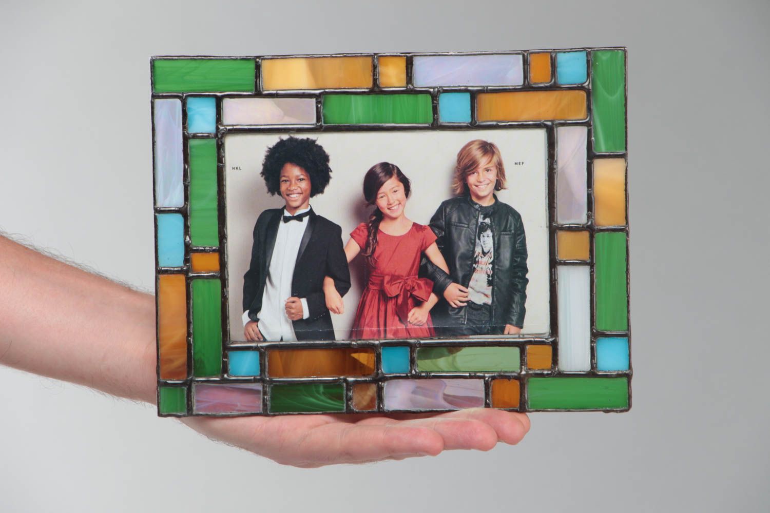 Green and yellow handmade stained glass photo frame for decor photo 5