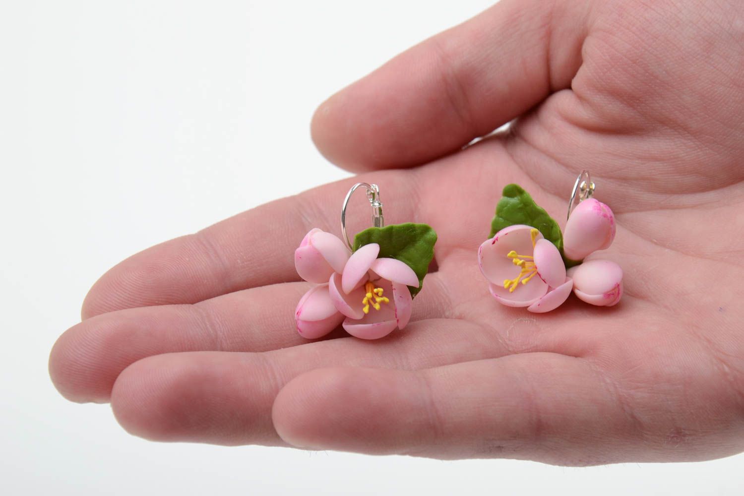 Handmade neat small earrings with tender pink cold porcelain apple flowers photo 2