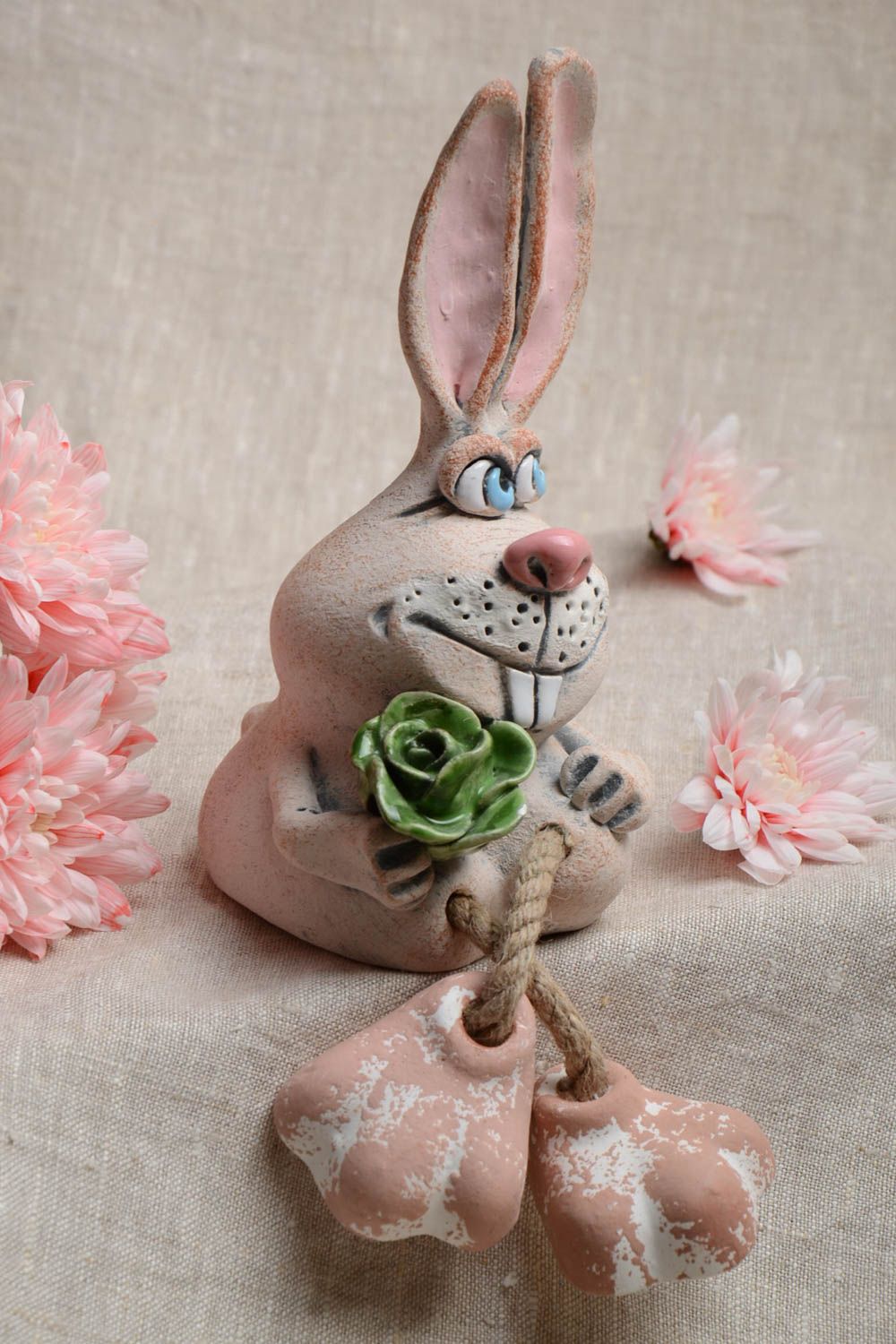 Beautiful handmade ceramic money box in the form of small gray bunny figurine photo 1