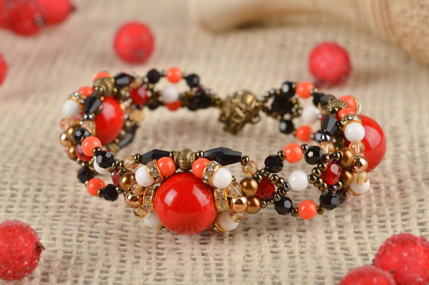 Brown, red, and white beads bracelet for women photo 1