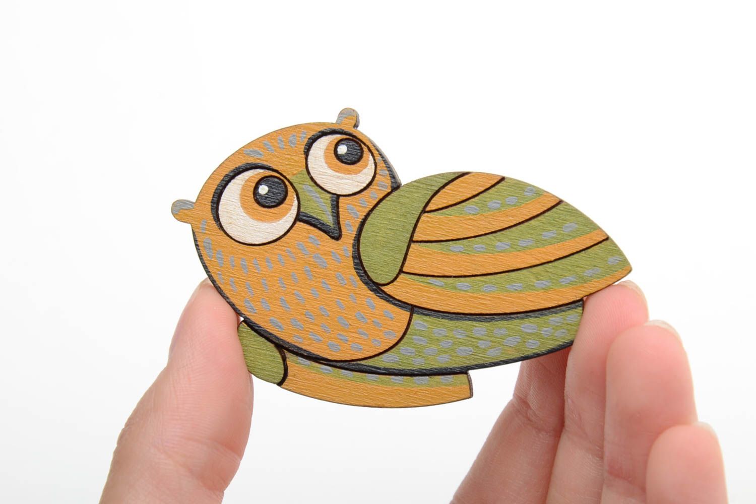 Bright handmade plywood brooch painted with acrylics in the shape of owl photo 2