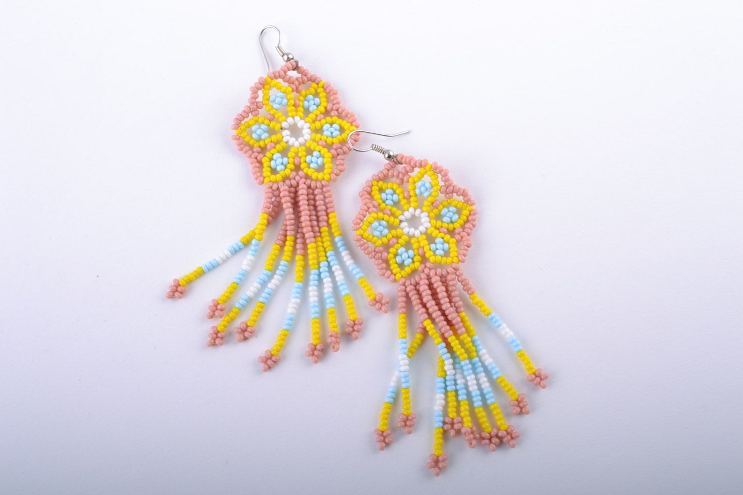 Beautiful bright handmade women's long beaded earrings photo 5