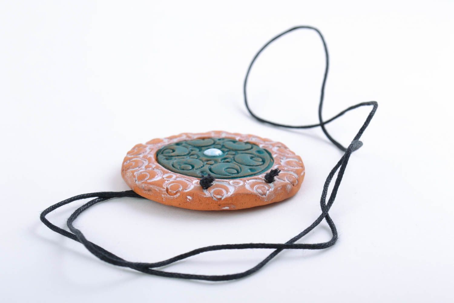 Handmade designer round ceramic pendant necklace painted with acrylics  photo 5