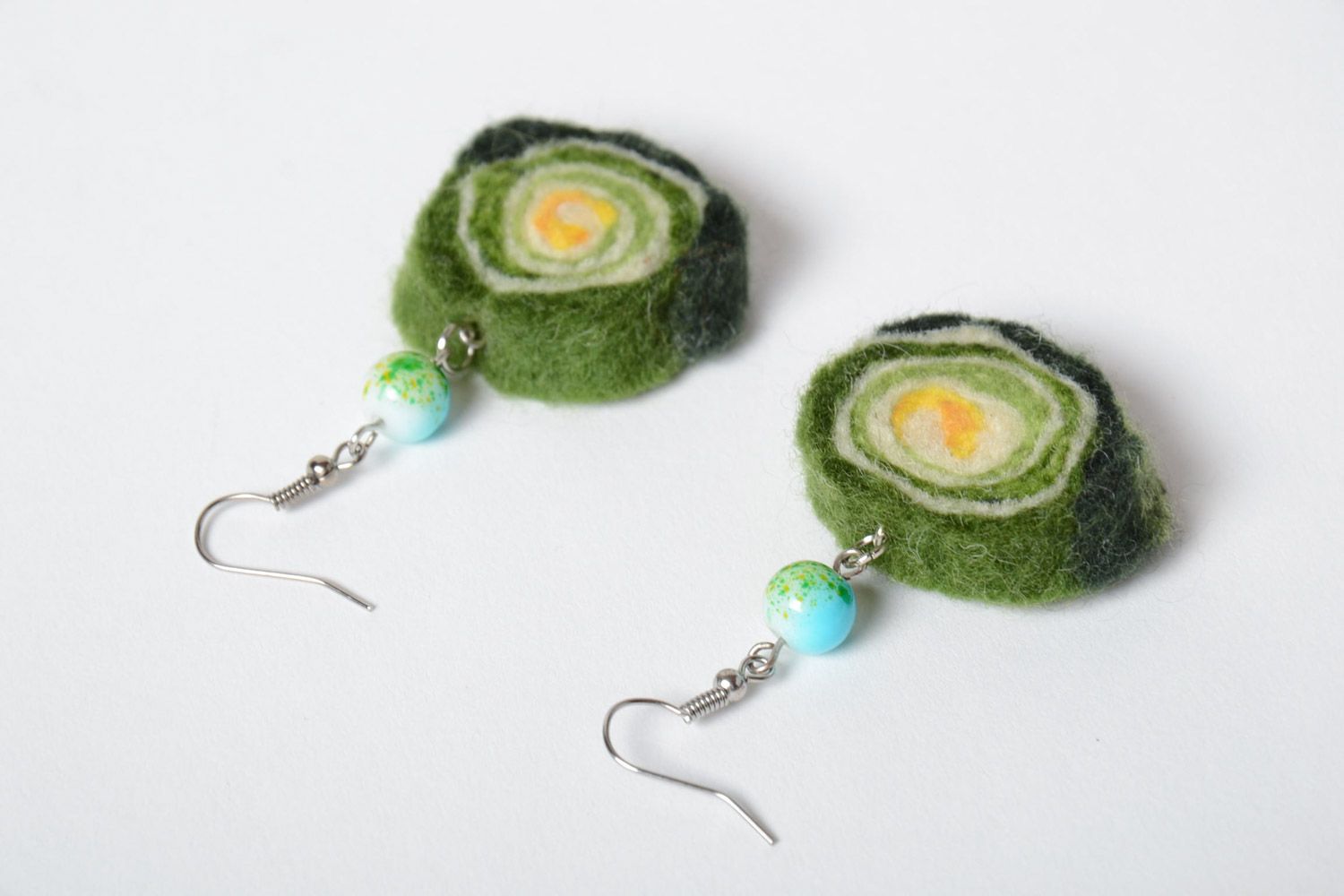 Green handmade designer felted wool ball earrings with beads photo 3