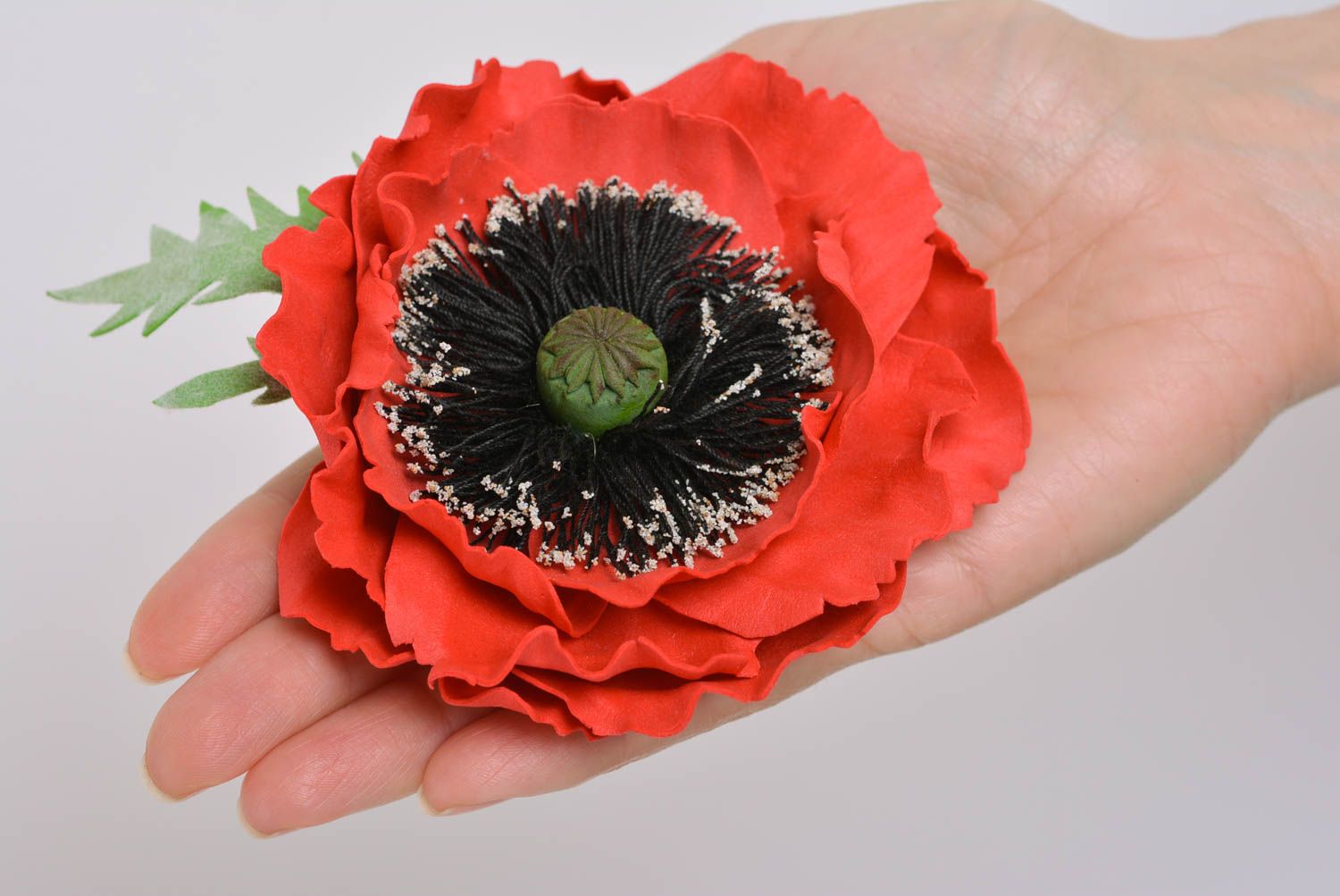 Handmade designer hair clip brooch with large bright red foamiran poppy flower photo 4