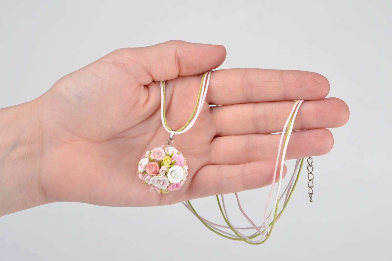 Handmade tender pink ball shaped floral polymer clay pendant on waxed cord photo 2