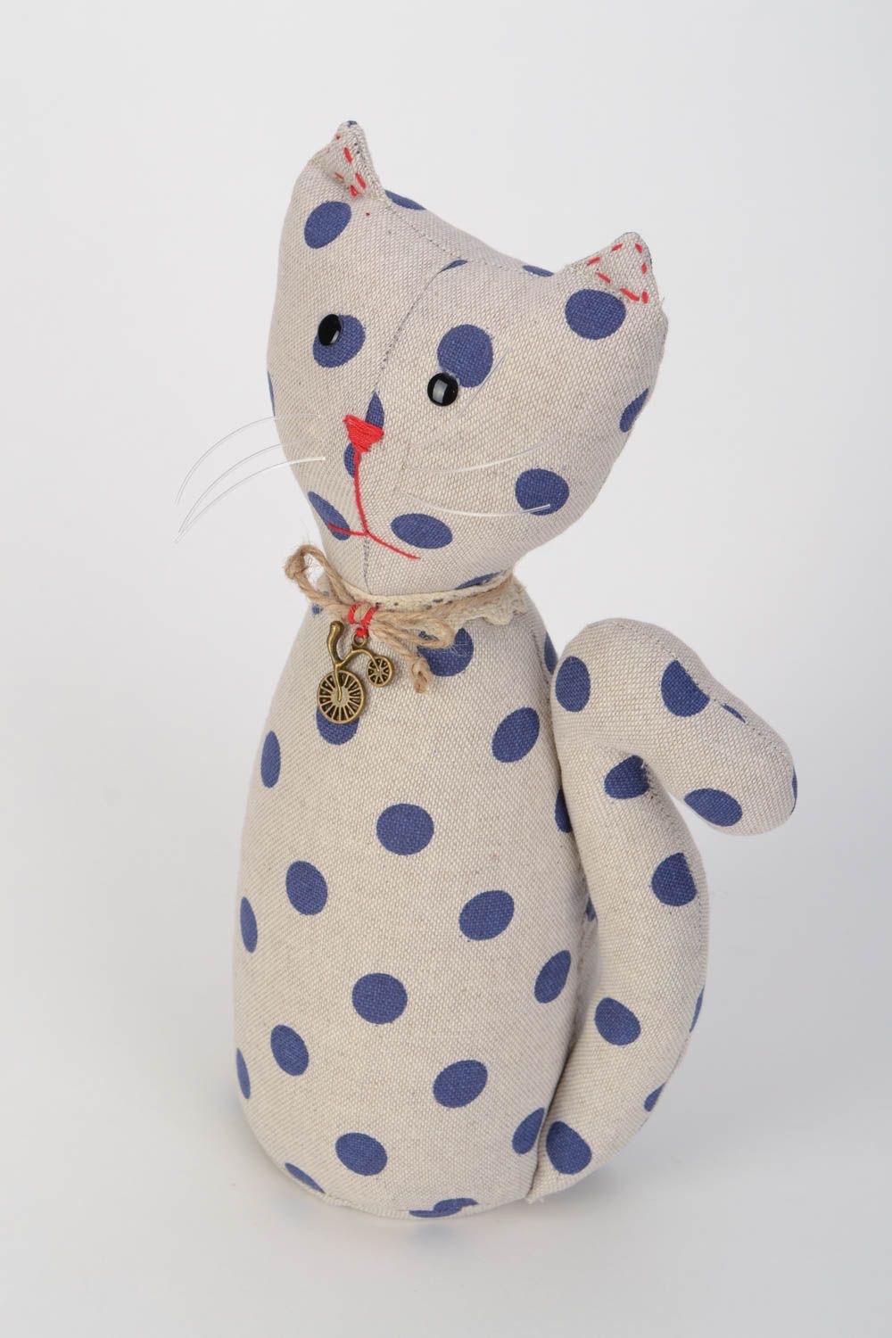 Handmade soft toy sewn of light blue polka dot fabric in the shape of cat photo 3