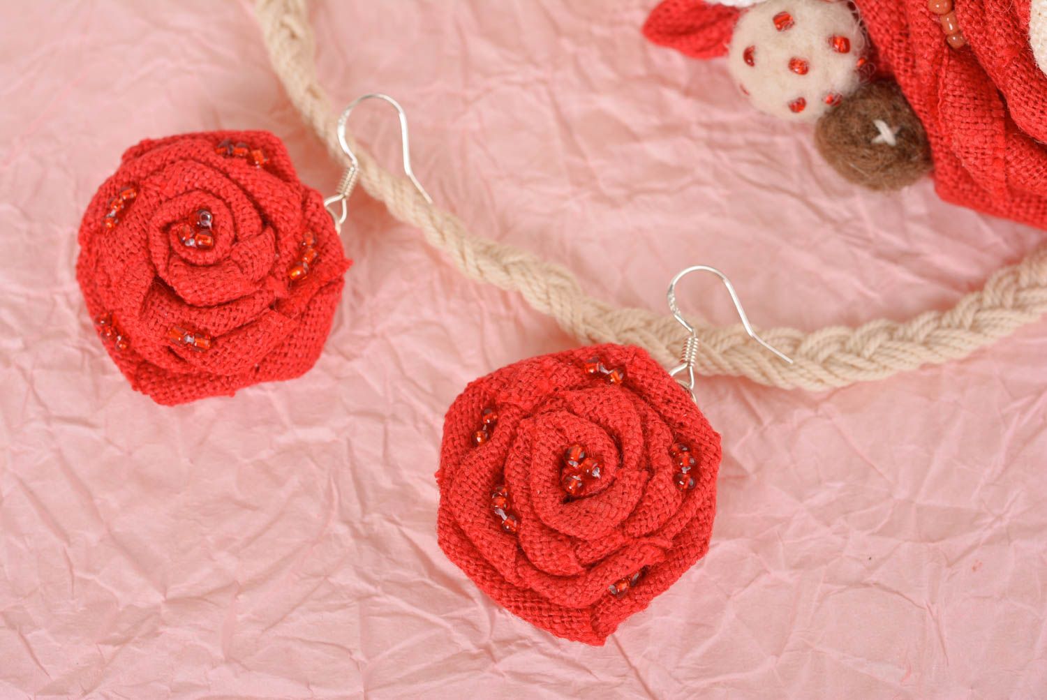Schmuck Set handmade Schmuck runde Ohrringe und Haarband mit Blumen rot foto 2