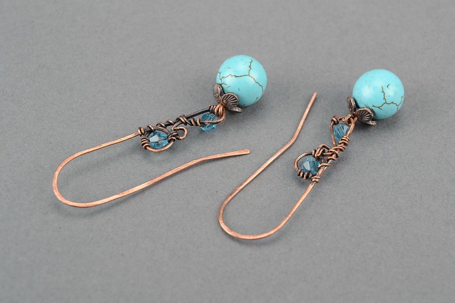 Copper earrings with turquoise, wire wrap photo 1
