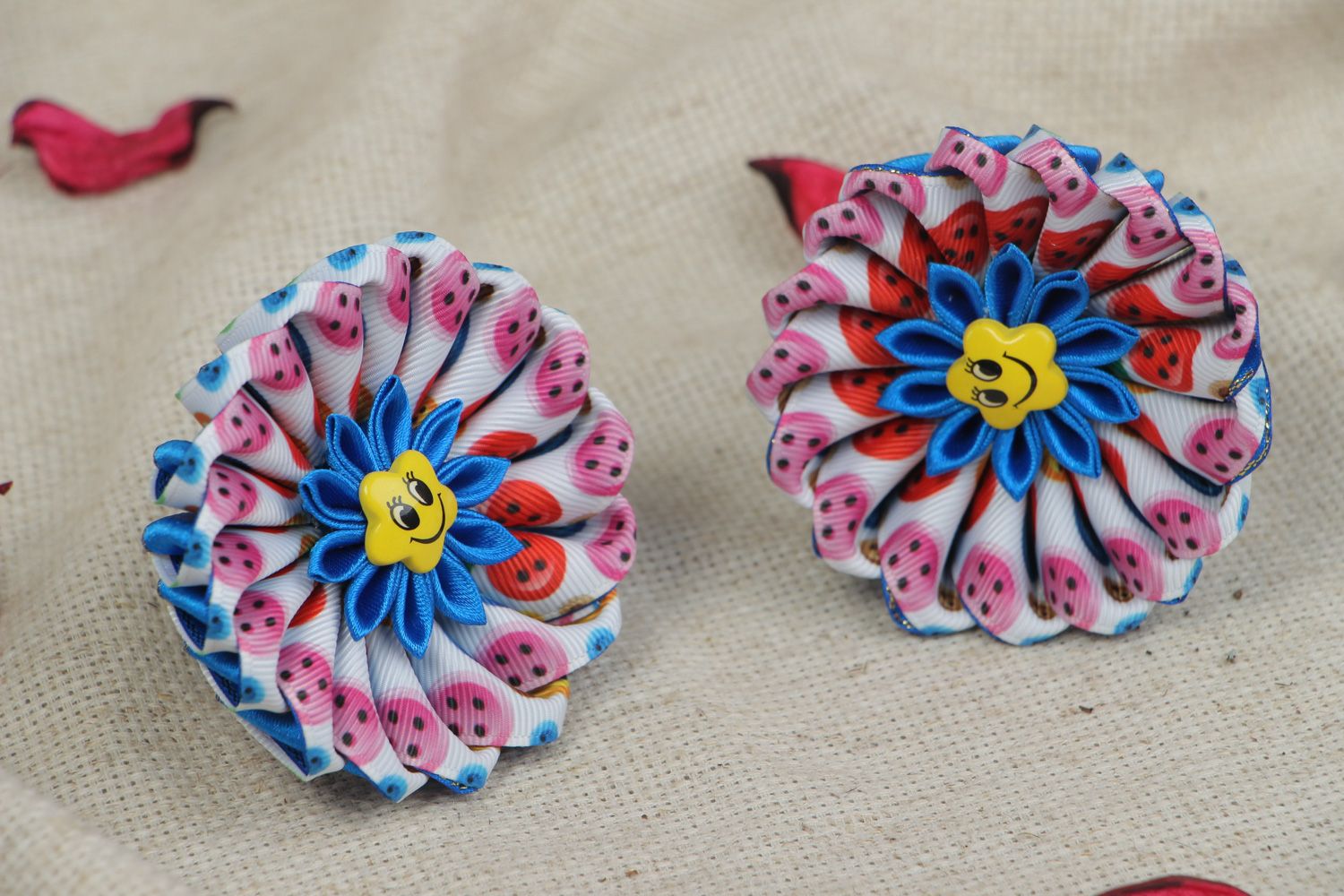 Set of colorful handmade hair ties with kanzashi flowers for little girls 2 items photo 5