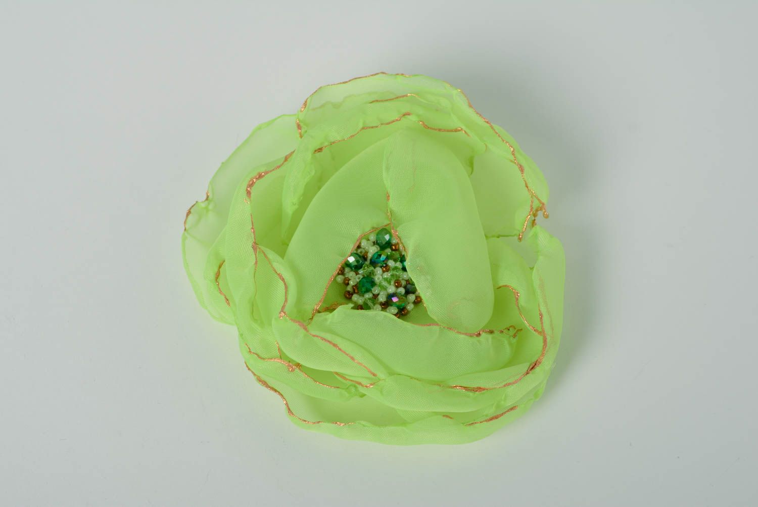 Broche en mousseline de soie grande fleur verte faite main design original photo 1