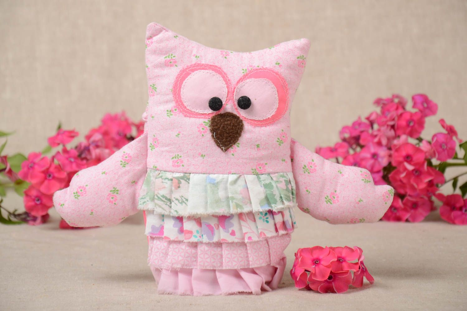 Handmade toy in shape of owl fabric product pink cute gift interior design   photo 1
