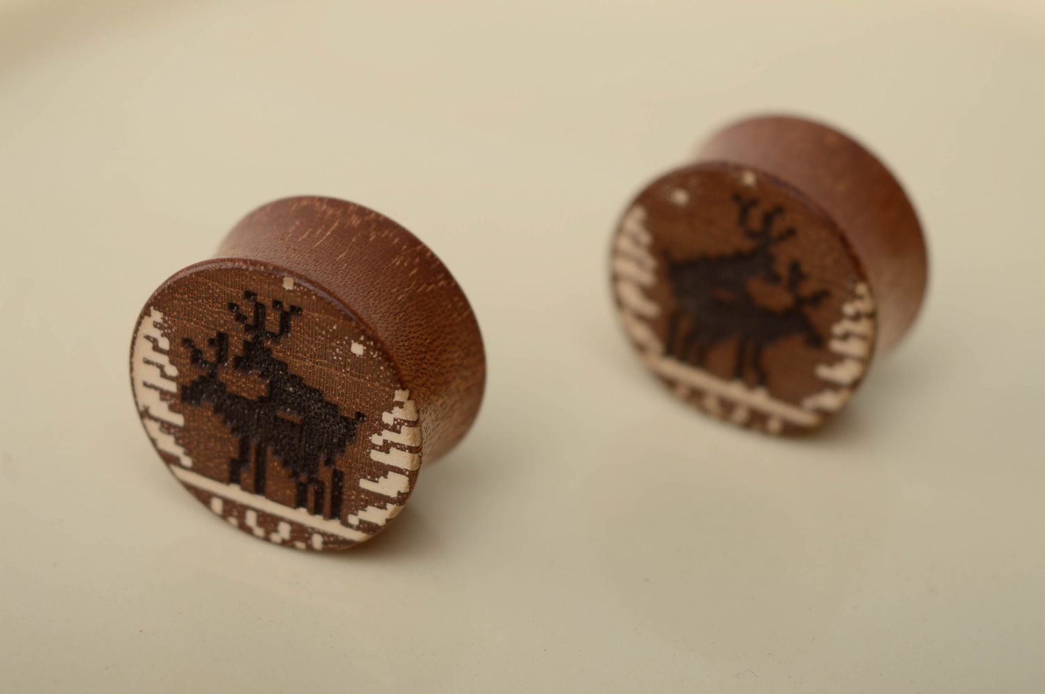 Unusual sapele wood ear plugs with engraving photo 4
