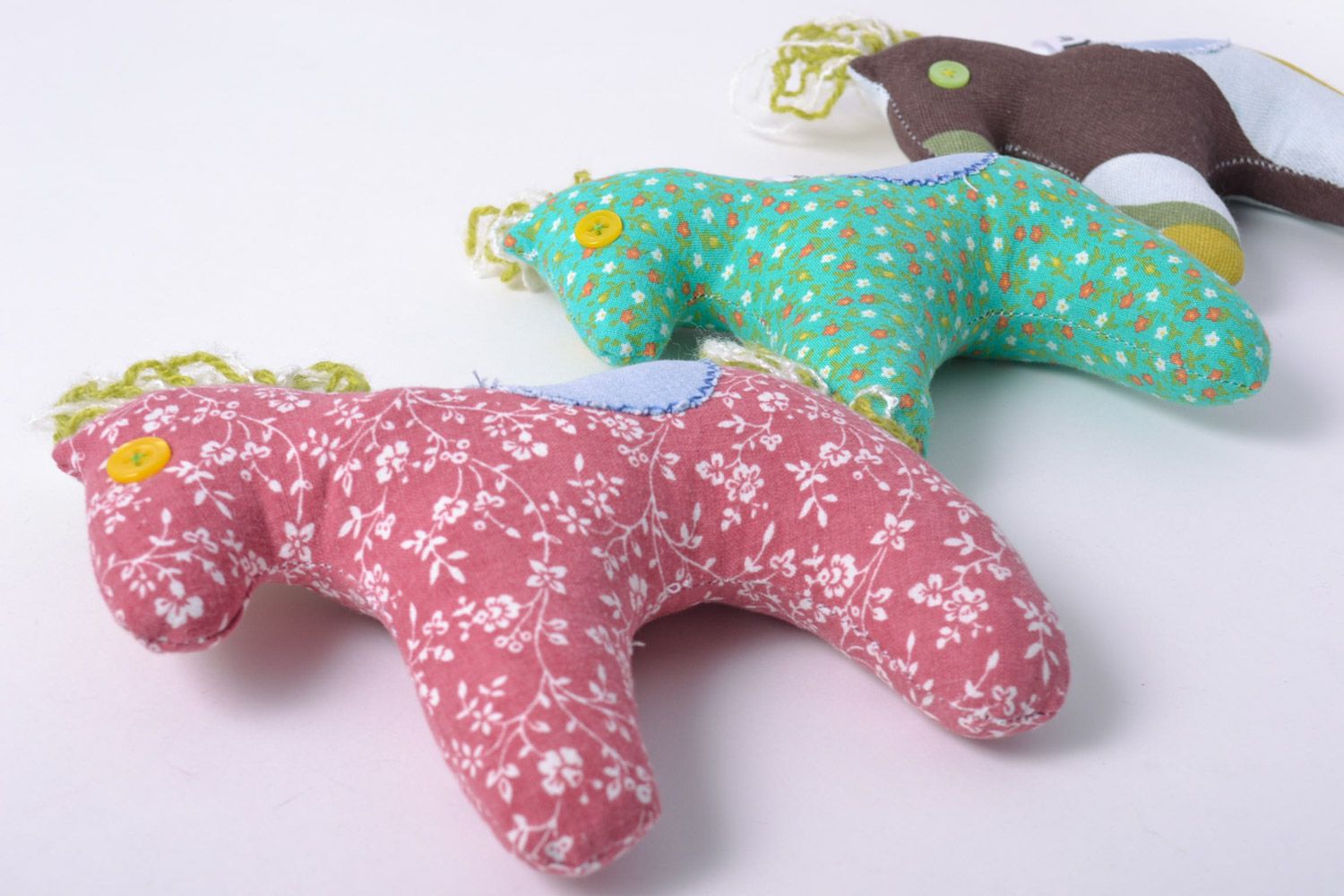 Set of 3 handmade small cute soft toys sewn of colorful fabric horses  photo 4
