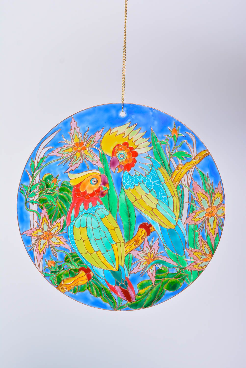 Deko Wandteller aus Glas mit Vitrage Farben Bemalung handgemacht Papageien  foto 3