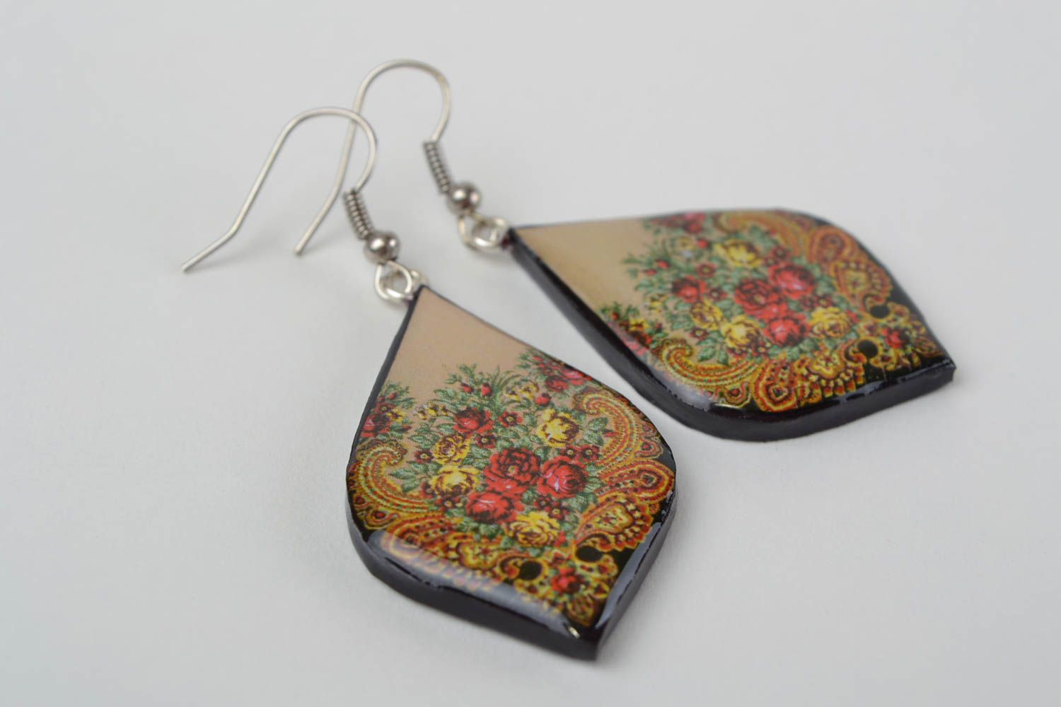 Handmade designer polymer clay decoupage earrings with saturated floral pattern photo 4