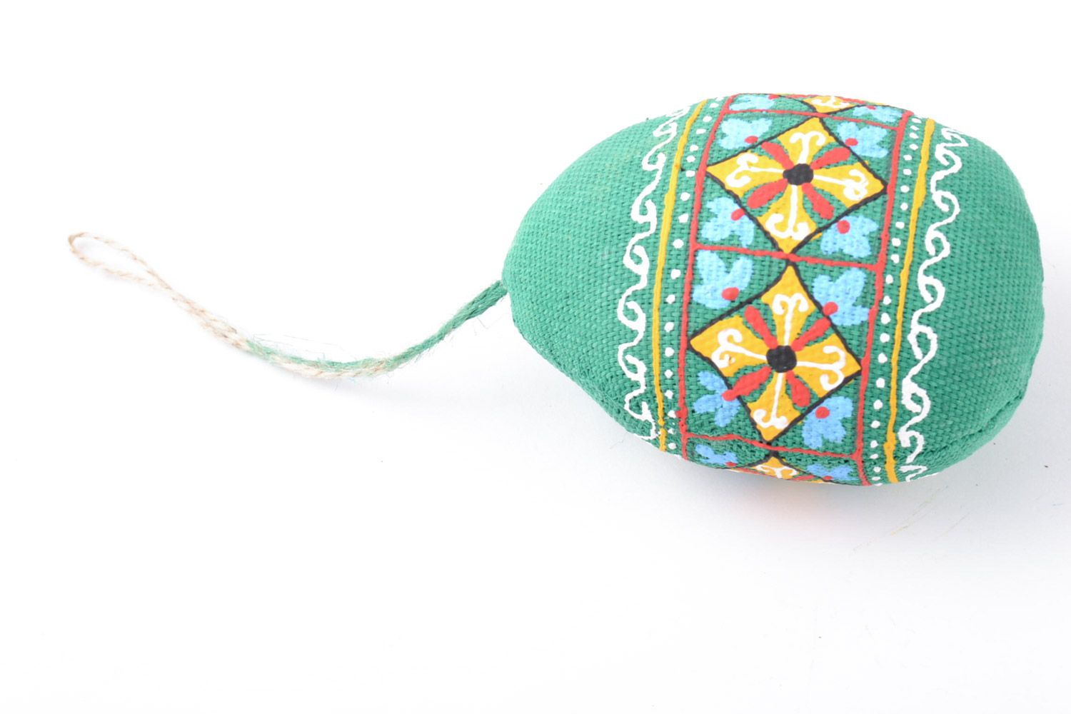 Handmade decorative wall hanging Easter egg sewn of fabric in green colors photo 4