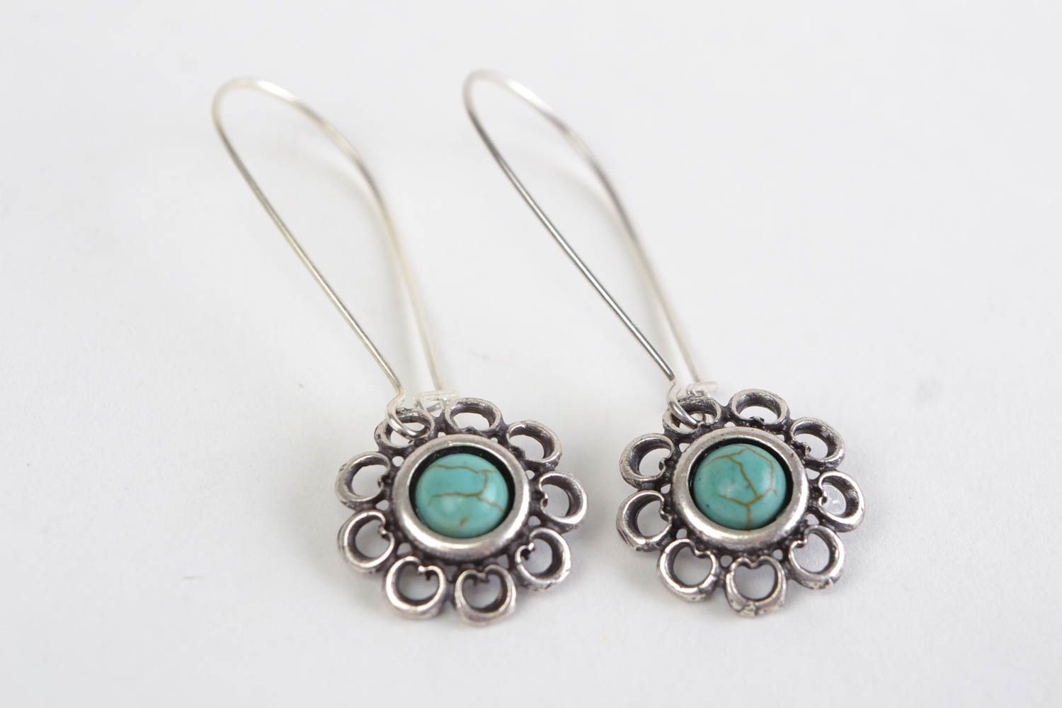 Handmade stylish long designer metal dangling earrings with turquoise stone photo 4