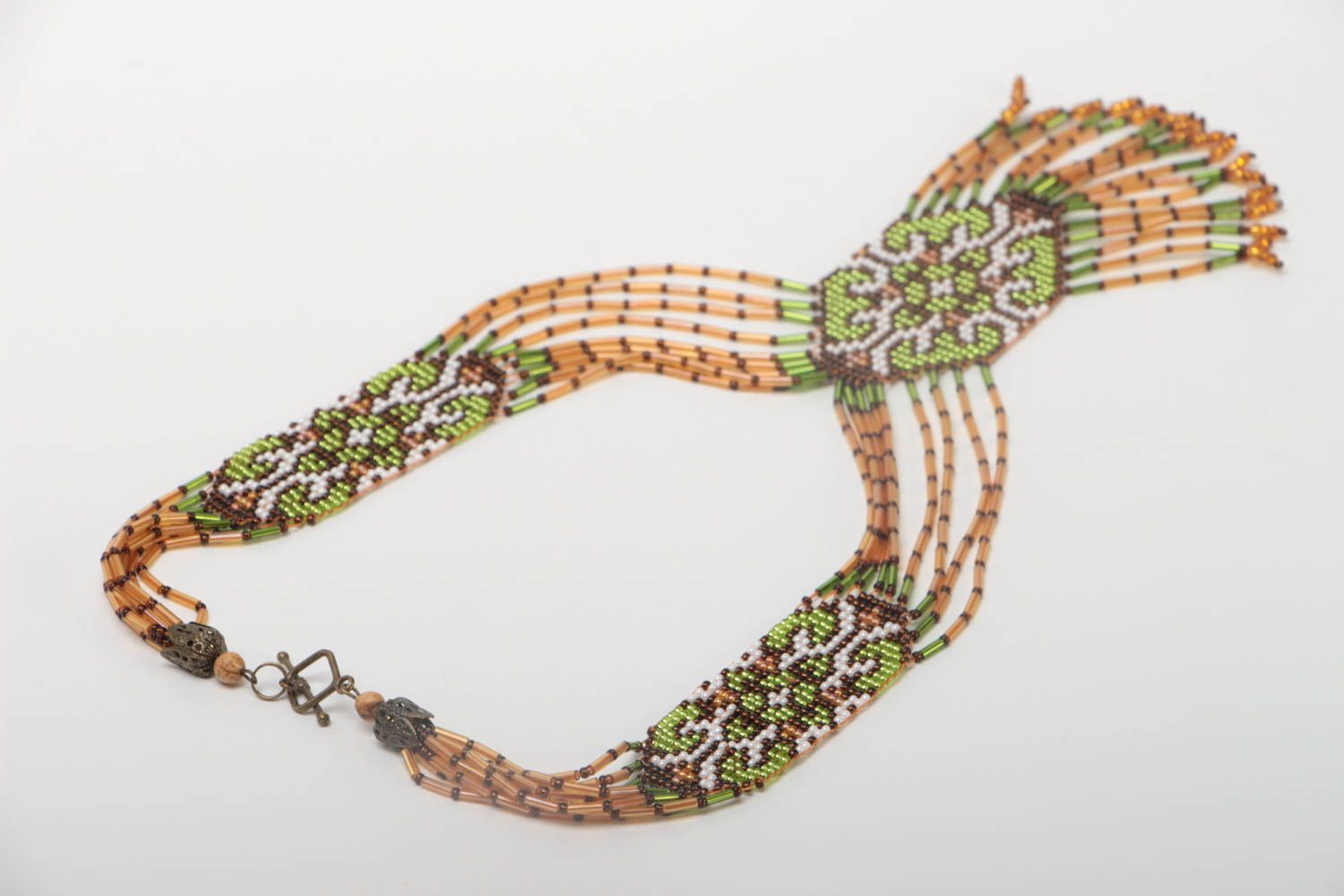 Long collier en perles de rocaille fait main marron-vert style ethnique photo 4