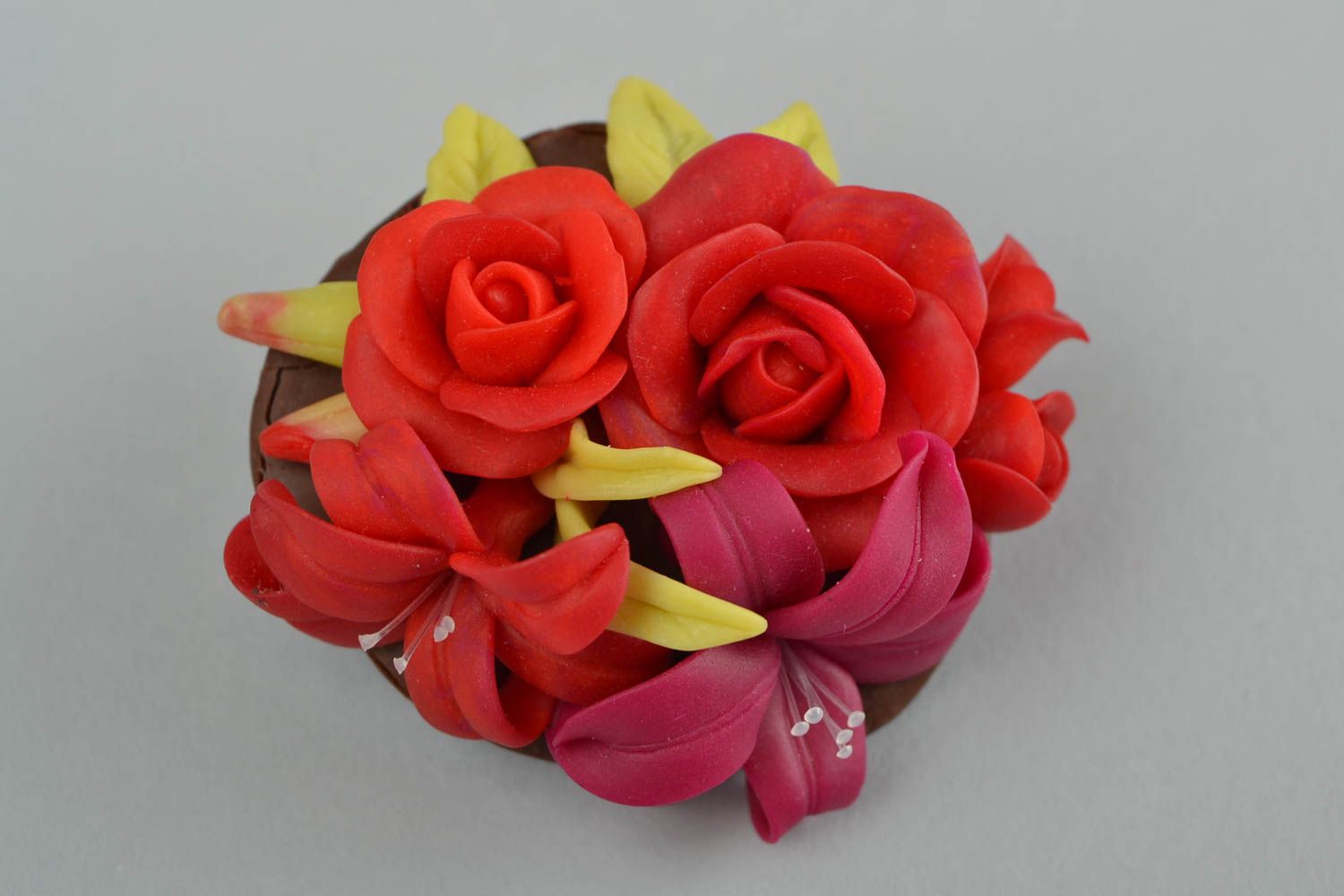 Red handmade brooch made of polymer clay in the form of flowers stylish jewelry photo 1