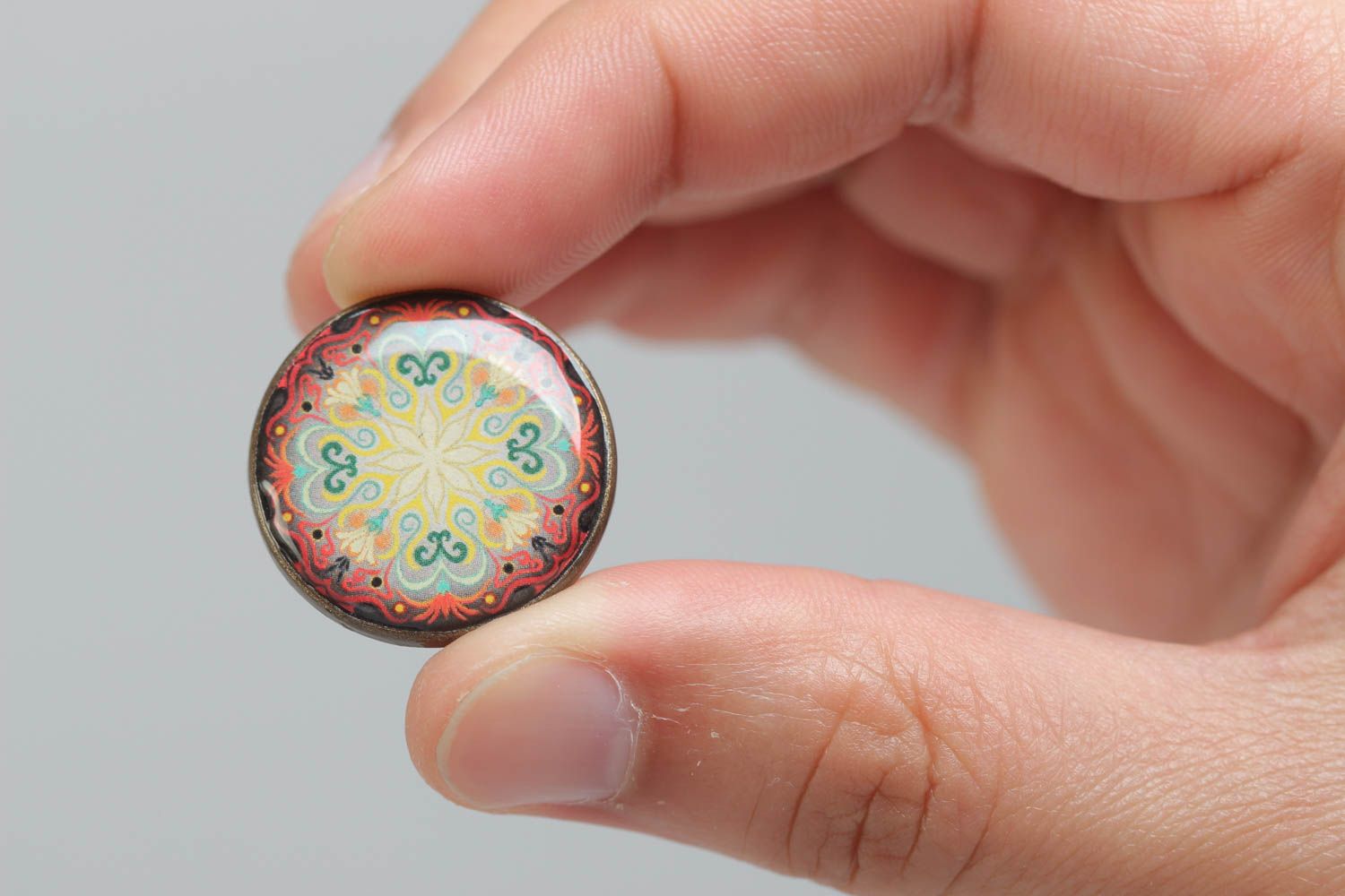Stylish large handmade glass glaze round ring with drawing photo 5