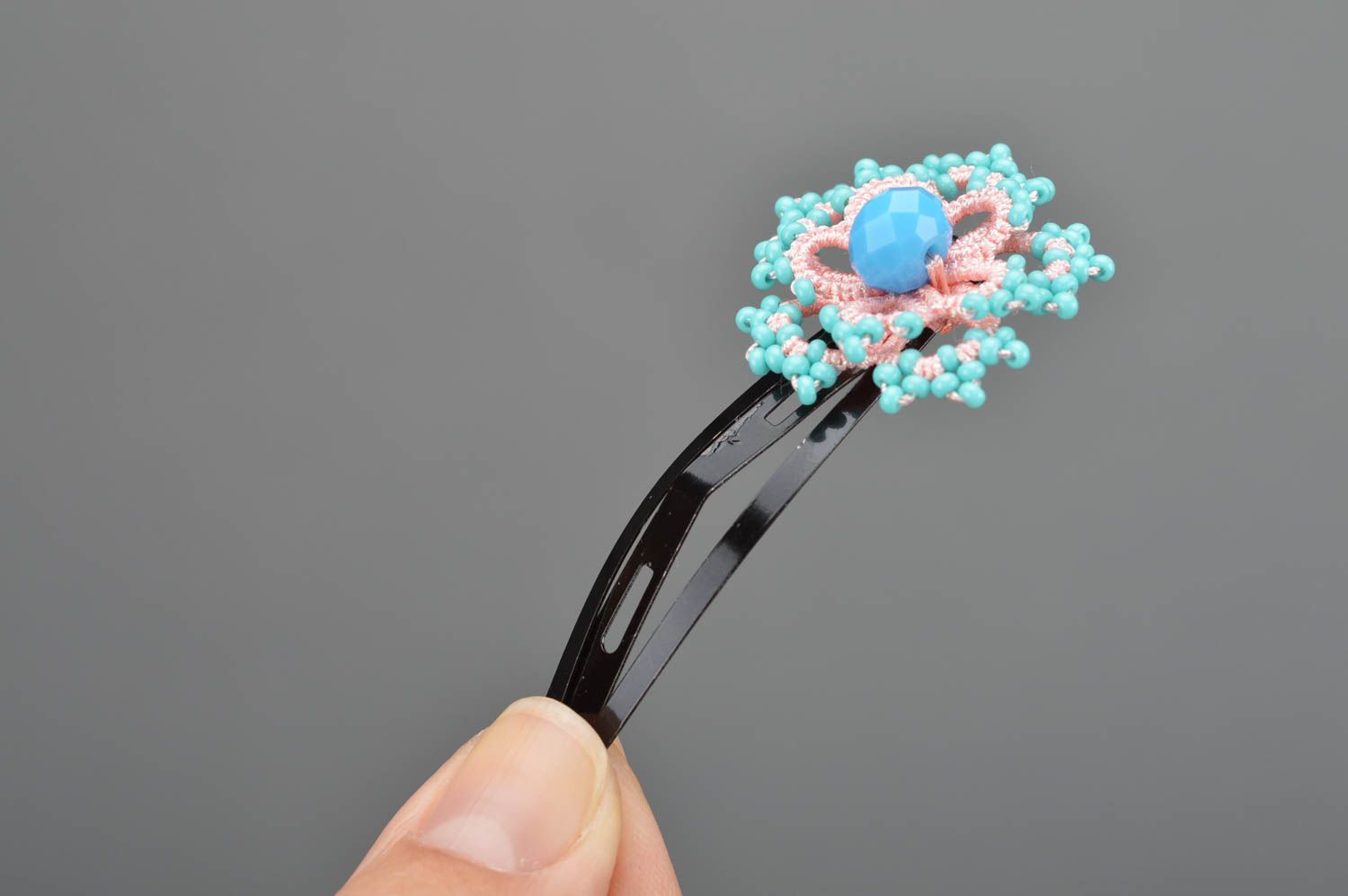 Handmade festive hair clip made of satin threads using tatting technique photo 3