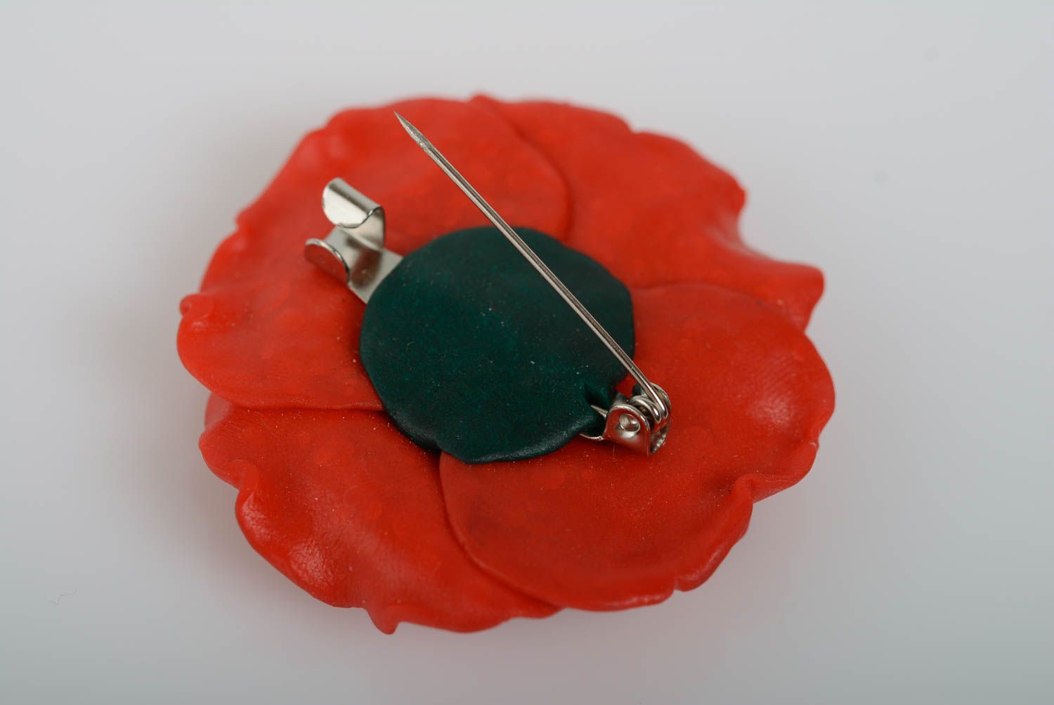 Handmade brooch made of polymer clay beautiful red poppy designer accessory photo 4