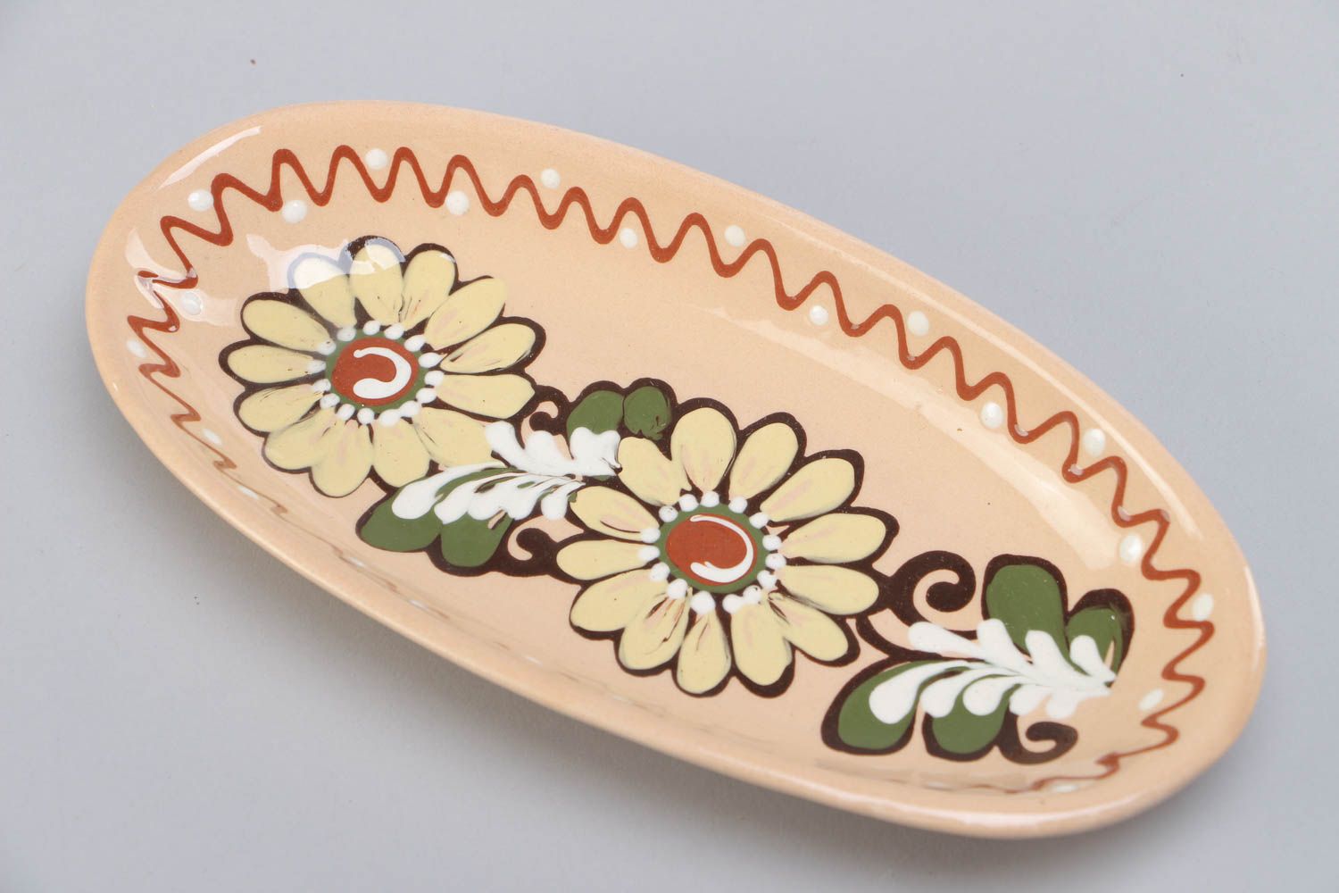 Beautiful handmade designer ceramic long plate for fish created of red clay photo 3