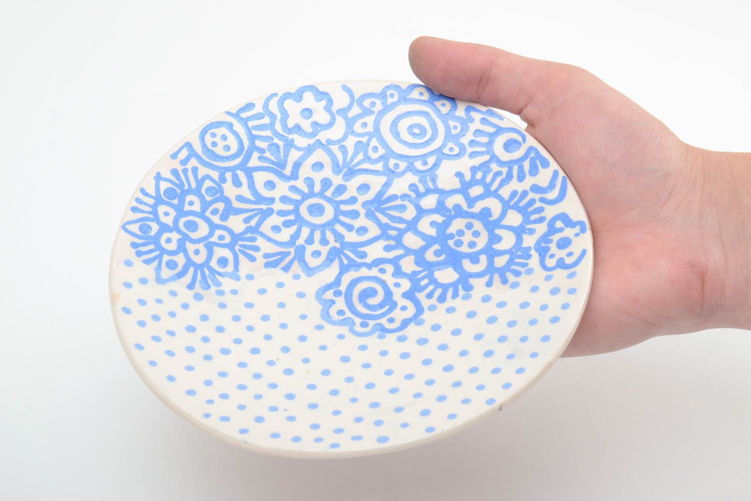 Handmade designer ceramic saucer white with blue ornament nice little pottery photo 5