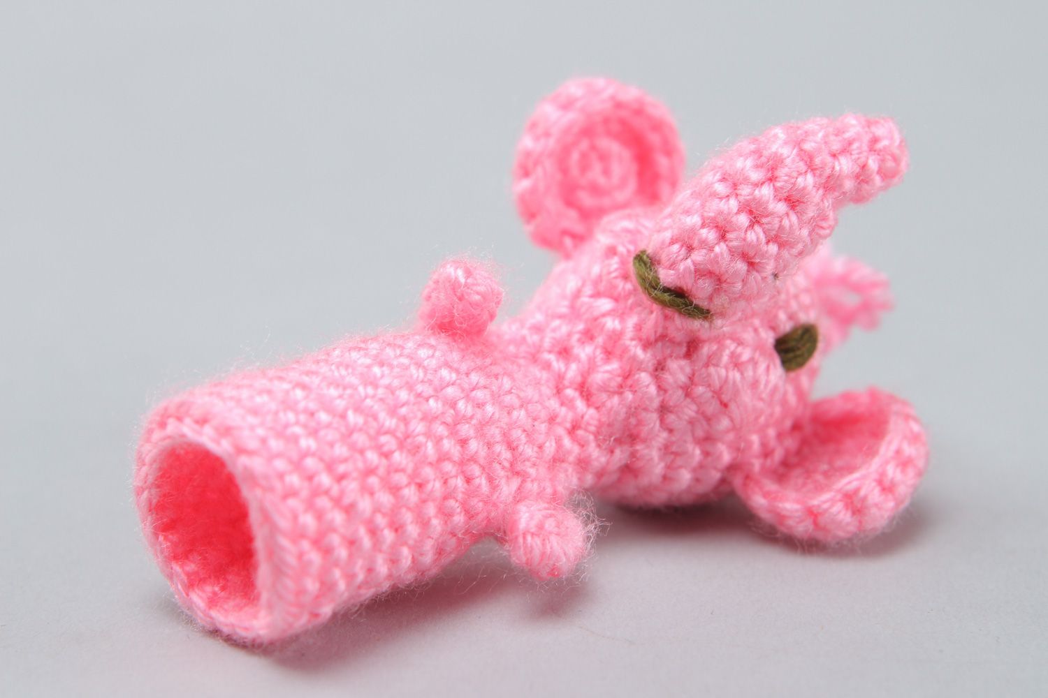 Handmade finger puppet in the shape of pink elephant crocheted of acrylic threads photo 3
